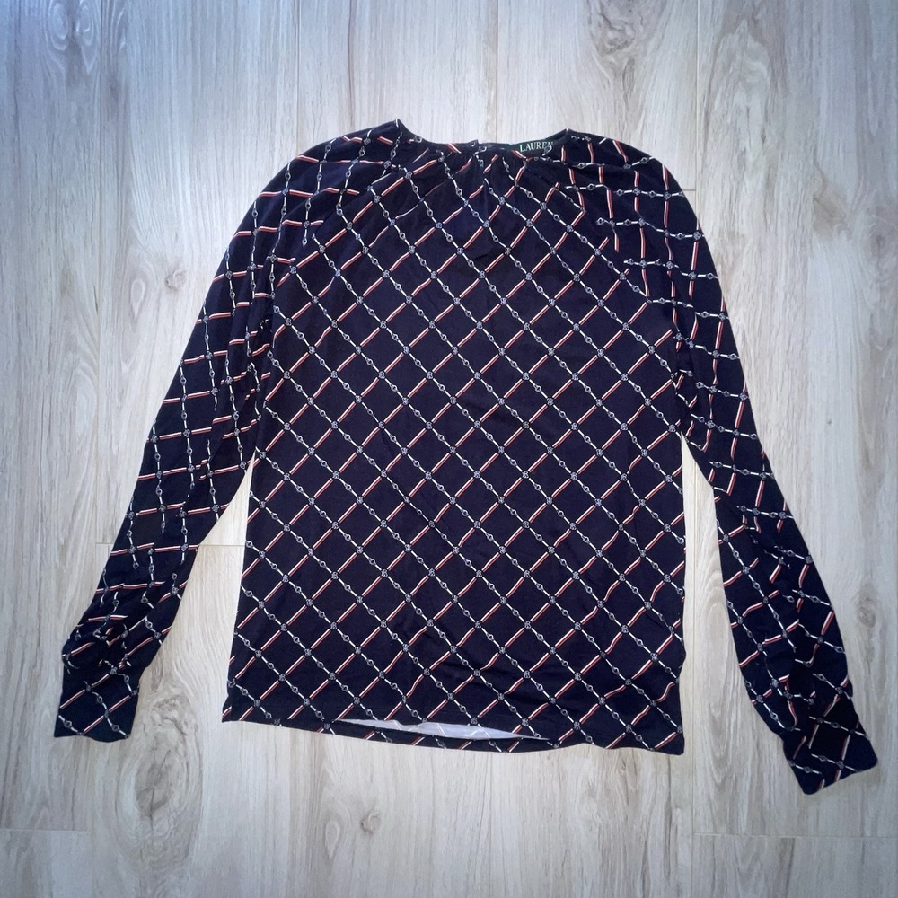 Lauren Ralph Lauren Women's Jaralda Logo Blouse Red White Blue Keyhole XS